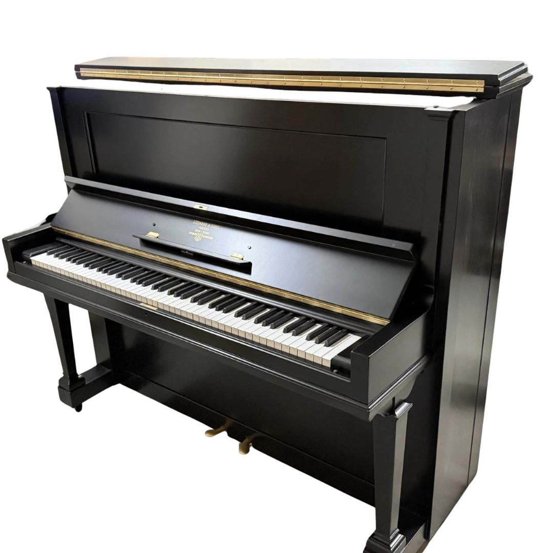 The restored 1911 Steinway & Sons upright in satin black, angled view with the keyboard open