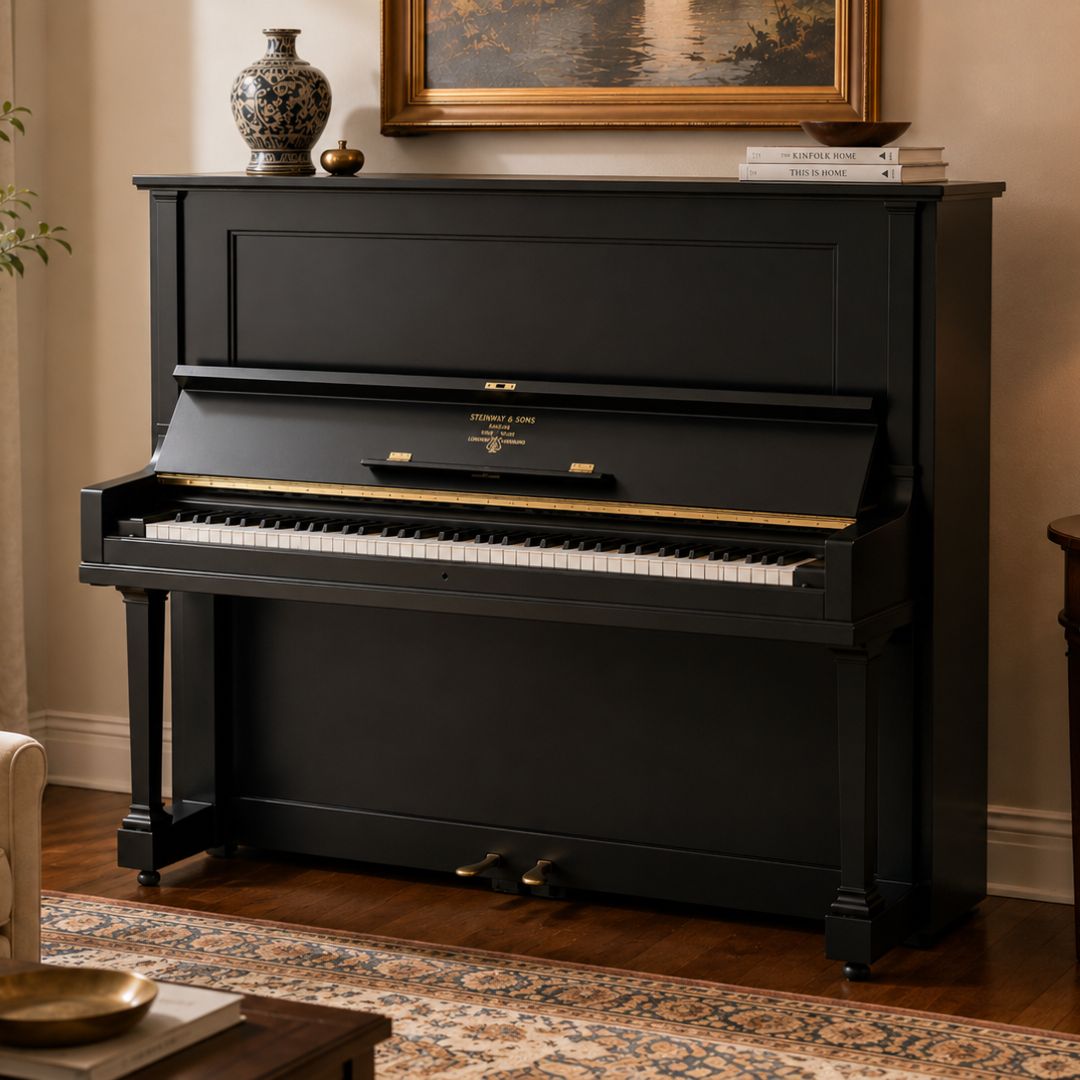 The restored 1911 Steinway & Sons upright in satin black, shown in a styled room setting