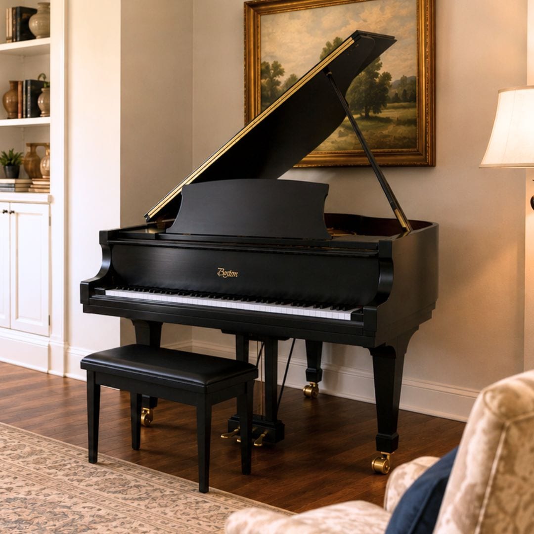 The restored Boston by Steinway grand piano in satin black, shown in a styled room setting