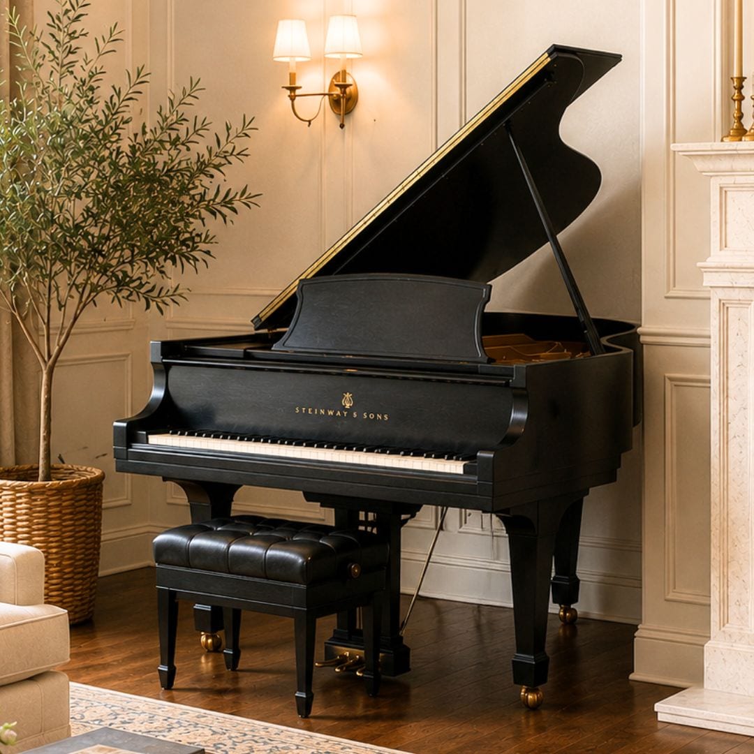 The restored Steinway Model M grand in satin ebony, shown in a styled room setting