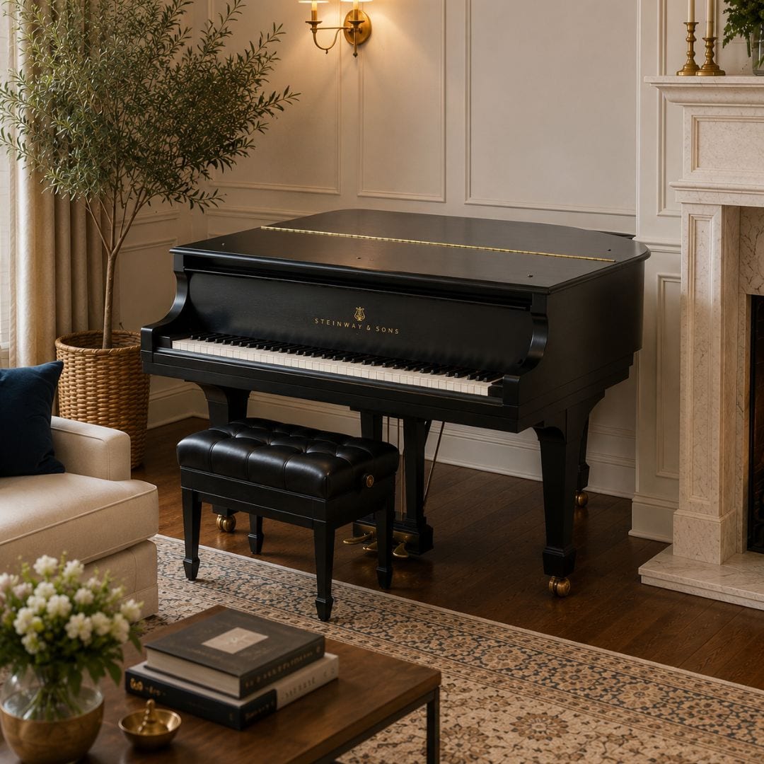 The restored Steinway Model M grand shown in a styled living room setting